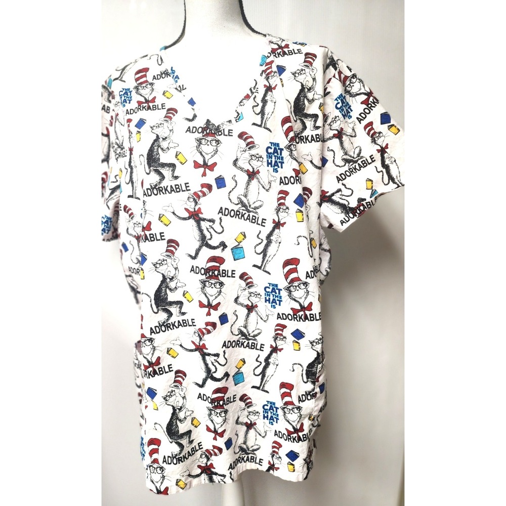 Cherokee Dr. Suess Scrub V-Neck Top The Cat In The Hat is Adorkable‎  Size 2X